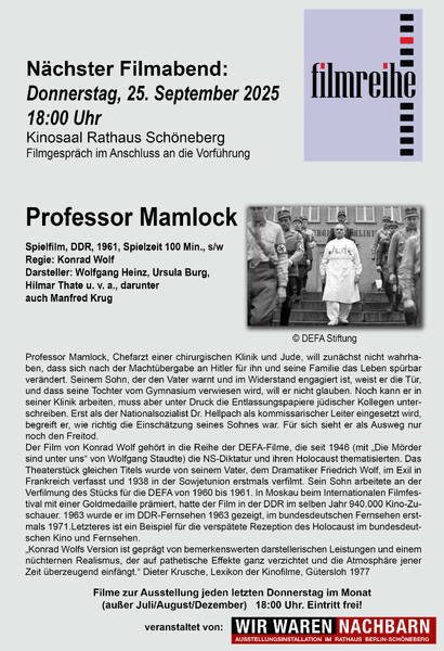Professor Mamlock, DEFA 1961 - Filmabend im Rathaus Schöneberg (Kinosaal im Erdgeschoss)
