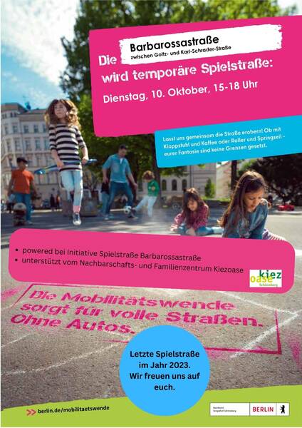 Spielstraße Barbarossastraße - Dienstag, 10.10.23 - 15:00 bis 18:00 Uhr