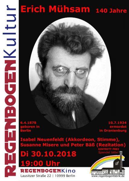 "140 Jahre Erich Mühsam" - Literarisch-musikalischer Abend im RegenbogenKino