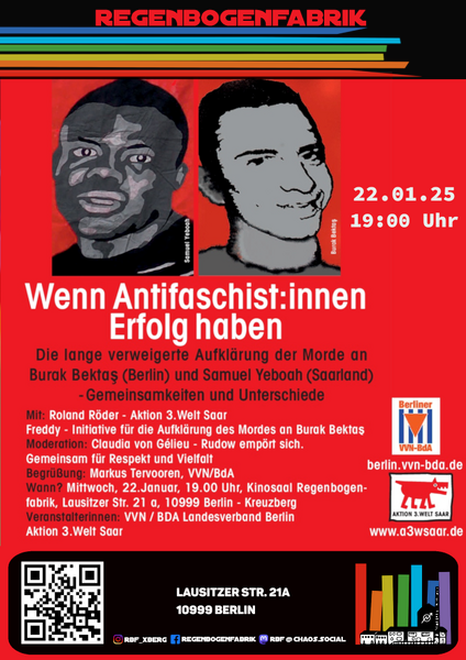 "Die lange verweigerte Aufklärung der Morde an Burak Bektaş (Berlin) und Samuel Yeboah (Saarland)" - Vortrag im RegenbogenKino