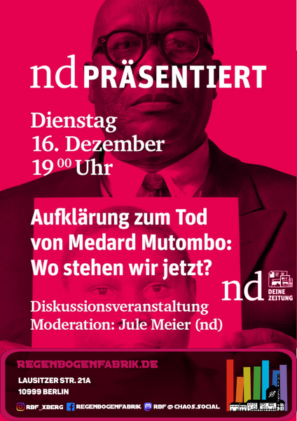 "nd präsentiert: Aufklärung zum Tod von Medard Mutombo" - Diskussion im RegenbogenKino