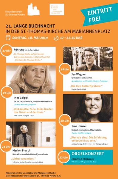 Lange Buchnacht: Jan Wagner, Ines Geipel, Jana Hensel, Marion Brasch, Orgelkonzert