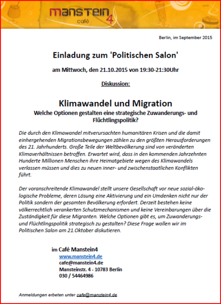 Politischer Salon: Klimawandel und Migration - Welche Optionen gestalten eine strategische Zuwanderungs- und Flüchtlingspolitik?