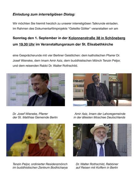 Interreligiöse Talkshow mit Rabbi, Imam , kath. Pfarrer und buddh. Mönch