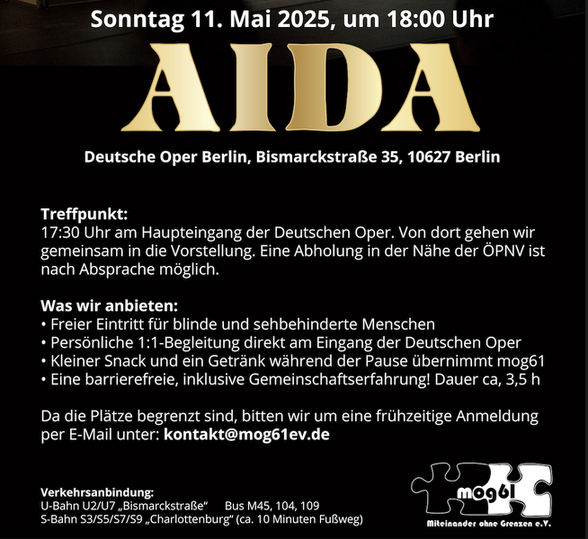 Einladung zum Opernbesuch „Aida“ mit Audiodeskription, für Blinde & Sehbehinderte kostenlos