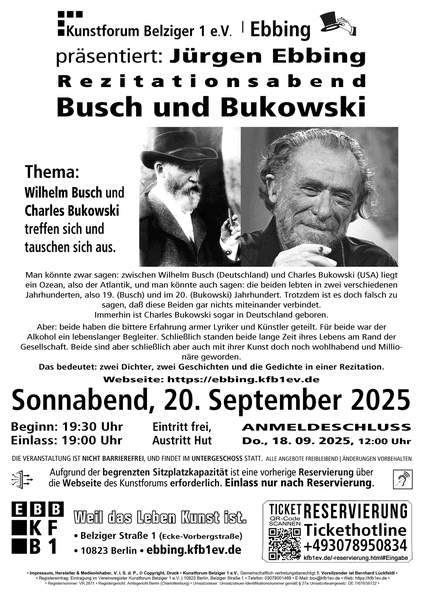 Rezitationsabend zweier literarischer Giganten, Wilhelm Busch und Charles Bukowski im KFB1