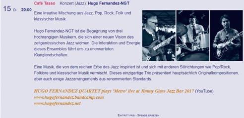 Konzert.. Eine kreative Mischung aus Jazz, Pop, Rock, Folk und klassischer Musik | Hugo Fernandez-NGT | Café Tasso   