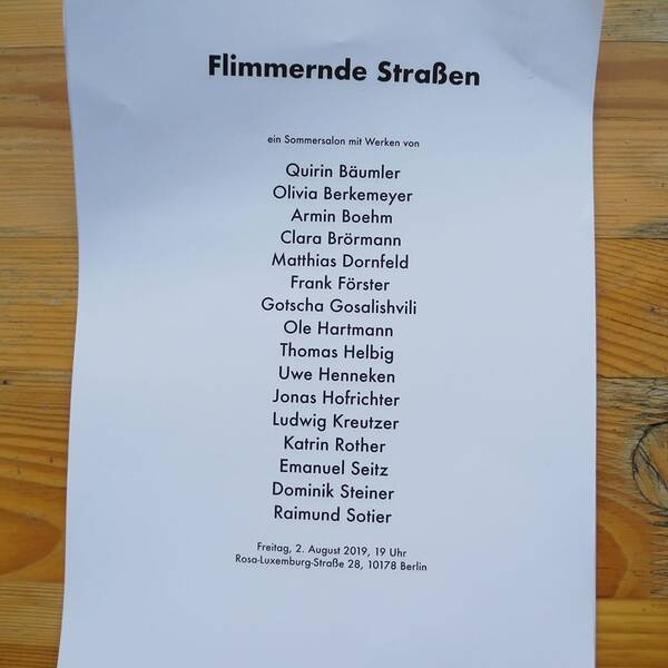 Flimmernde Straßen – Vernissage mit Arbeiten von Armin Boehm, Frank Förster, Thomas Helbig, Jonas Hofrichter, Ludwig Kreutzer, Katrin Rother u.a.