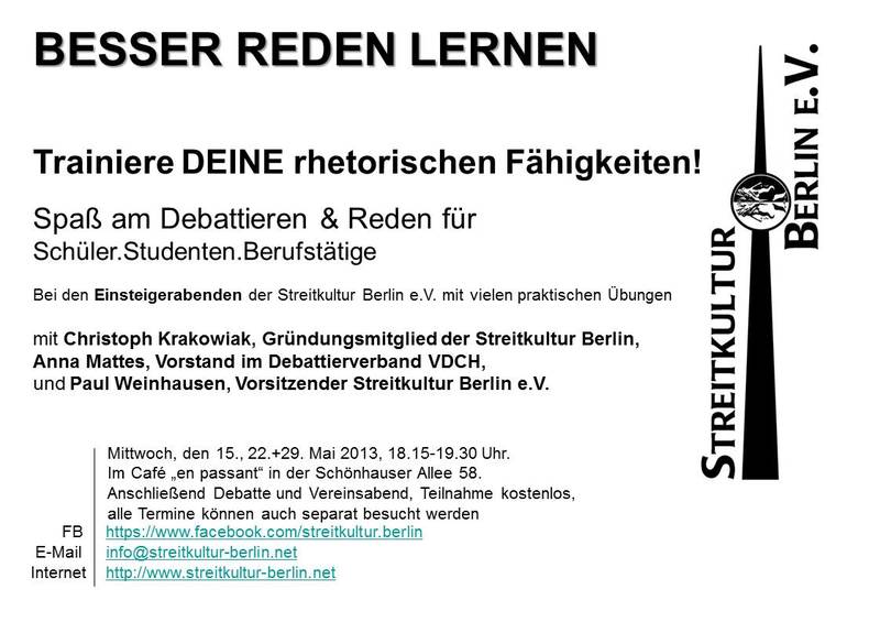 Einsteiger-Training, Debattieren und Reden bei der Streitkultur-Berlin e.V.