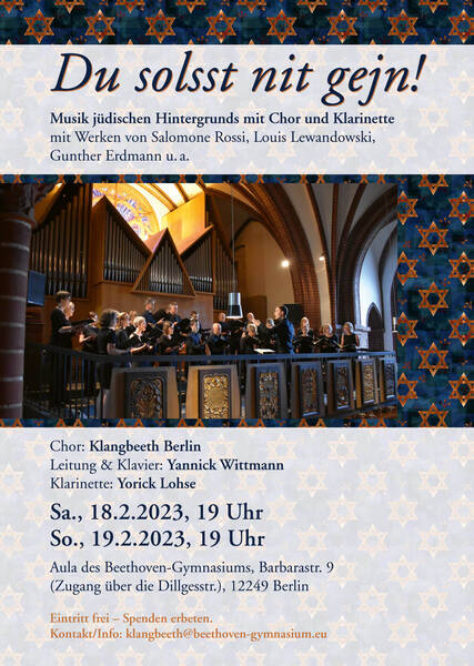 Du solsst nit gejn! Musik jüdischen Hintergrunds mit Chor und Klarinette