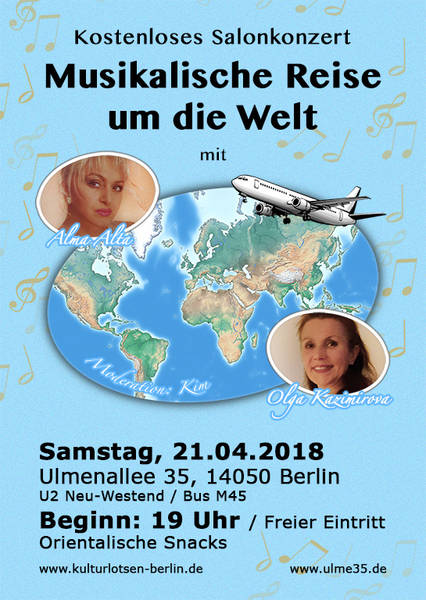 Kostenloses Salonkonzert "Musikalische Reise um die Welt" am 21.4. um 19 Uhr in der Ulme 35
