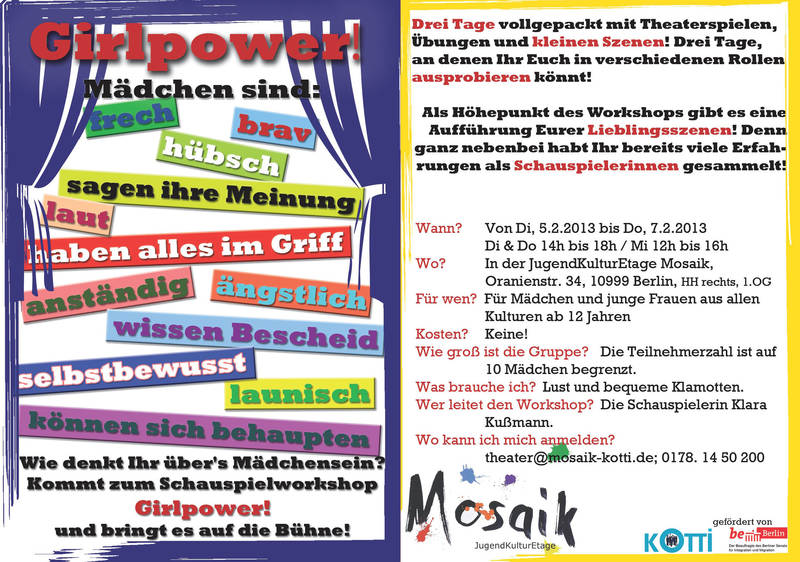 Girlpower im Mosaik  - Theaterworkshop für Mädchen ab 12 J.