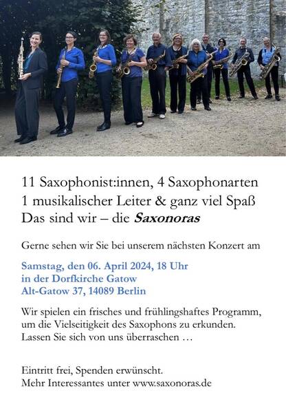 Saxophonensemble in Gatow (18 Uhr, Bus X34 direkt)