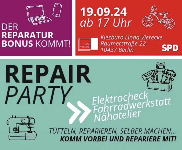 Das Kiezbüro Linda Vierecke feiert ab 17 Uhr eine große ReParty im Reparier-Quartier Prenzlauer Berg
