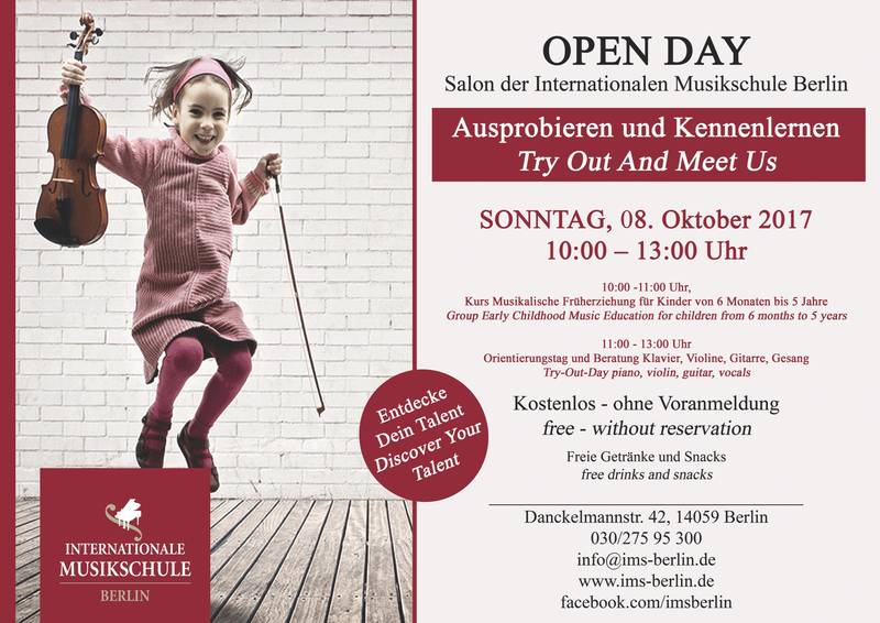Open Day Internationale Musikschule für Kurse für Kinder und Babys ab 6 Monate bis 5 Jahre, Instrumente ausprobieren für Kinder und Erwachsene