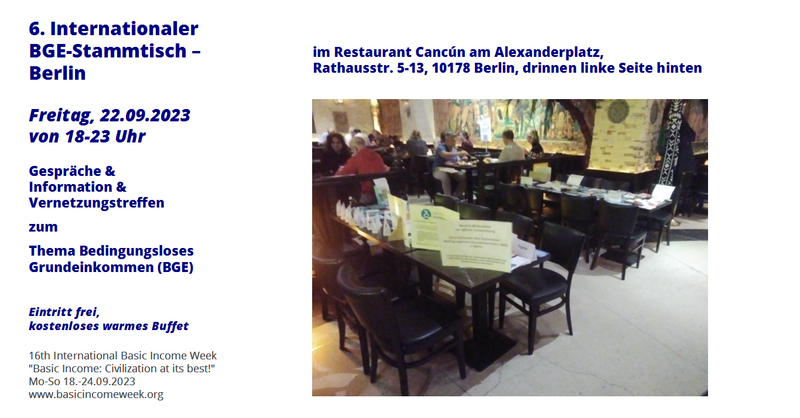 6. Internationaler BGE-Stammtisch Berlin mit kostenlosem warmen Buffet [Grundeinkommen]