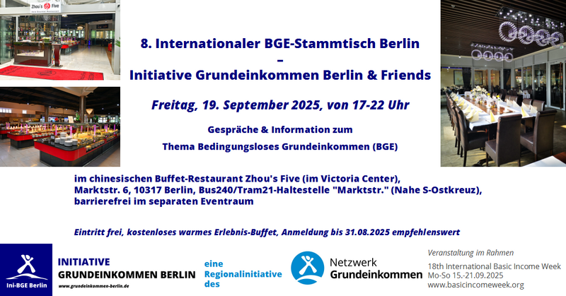 8. Internationaler BGE-Stammtisch Berlin mit kostenlosem warmen Buffet [Grundeinkommen]