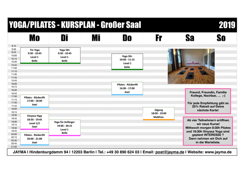 PROBESTUNDE YOGA ODER PILATES KOSTENLOS | JAYMA Physiotherapie in Lichterfelde