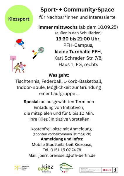 Kiezsport (Schöneberg) - Sport- und Community-Space - mittwochs, 19:30 bis 21:00 Uhr