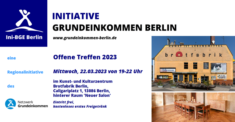 Offene Treffen 2023 Initiative Grundeinkommen Berlin mit kostenloses erstes Freigetränk