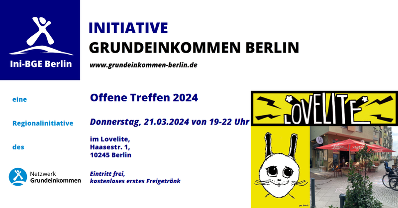 Offene Treffen 2024 Initiative Grundeinkommen Berlin mit kostenloses erstes Freigetränk