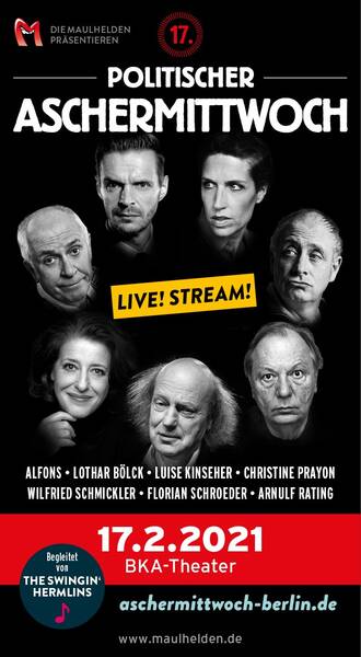 LiveStream: 17. Politischer Aschermittwoch Berlin – Das Gipfeltreffen der Satire (Solidartitäts-Tickets)