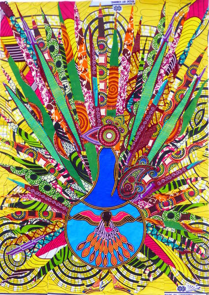 Ausstellung, Vernissage 14.5. + Liveact: Waxprint-Collagen von Magdala