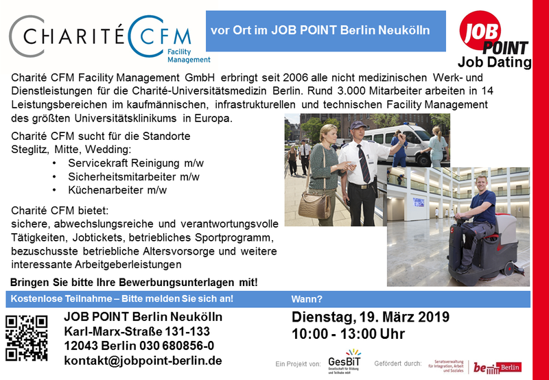 Job Dating mit Charité CFM: neue Mitarbeiter m/w für Reinigung, Sicherheit und Küche gesucht