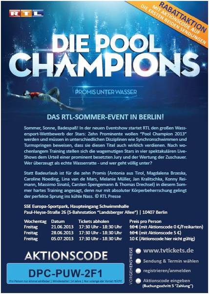 FREIKARTEN für RTL TV-Show - „Pool Champions“: Verena Pooth in der Jury, Marco Schreyl und Nazan Eckes moderieren (siehe Flyer) 