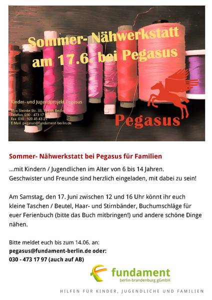 Sommer - Nähwerkstatt bei Pegasus für Familien