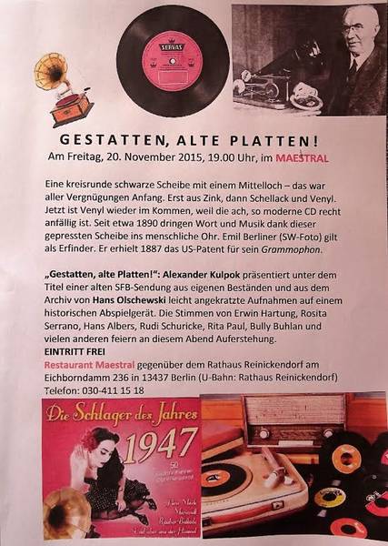 "GESTATTEN, ALTE PLATTEN!" Aufgelegt werden u.a. Richard Tauber, Enrico Caruso, Rosita Serrano, Rita Paul und Rudi Schuricke 