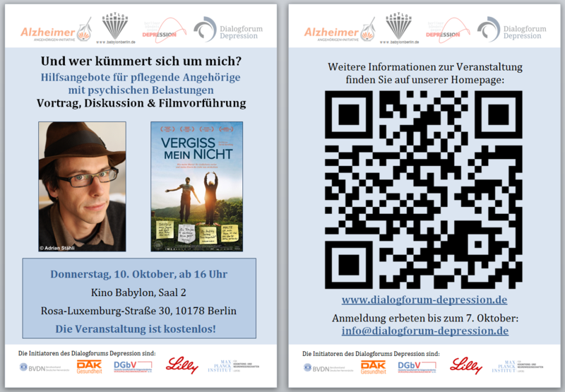 "Und wer kümmert sich um mich?" Beratung und Vorträge für pflegende Angehörige mit kostenloser Filmvorführung von "Vergiss mein nicht" von David Sieveking